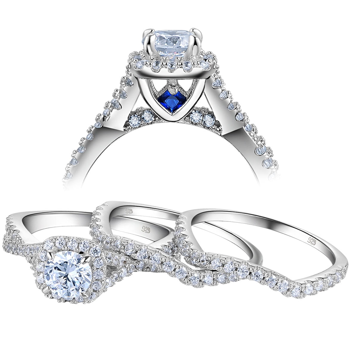 Newshe Engagement Wedding Ring Setss for Women 925 Sterling Silver 3pcs Round White AAAAA Cz Size 8