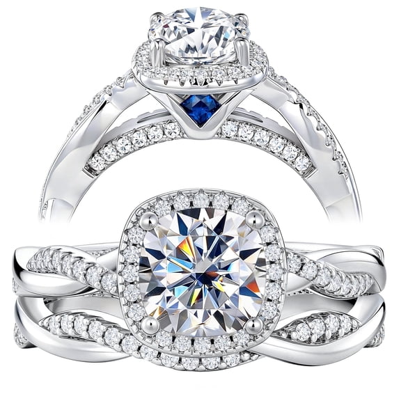 Newshe Jewellery 2.5 Carat Moissanite Wedding Ring Sets Twisted Band Cushion Round Infinity Bridal Rings for Women Size 6