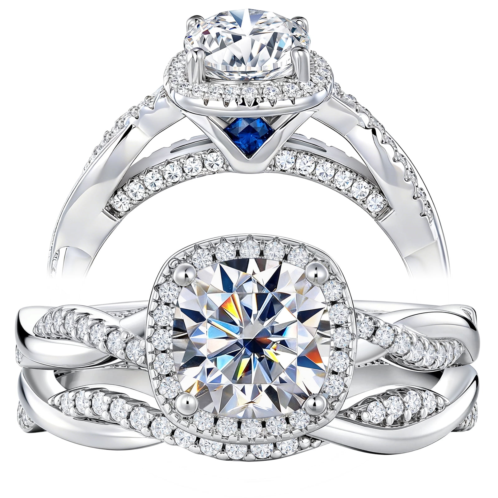 Newshe Jewellery 2.5 Carat Moissanite Wedding Ring Sets Twisted Band Cushion Round Infinity Bridal Rings for Women Size 6