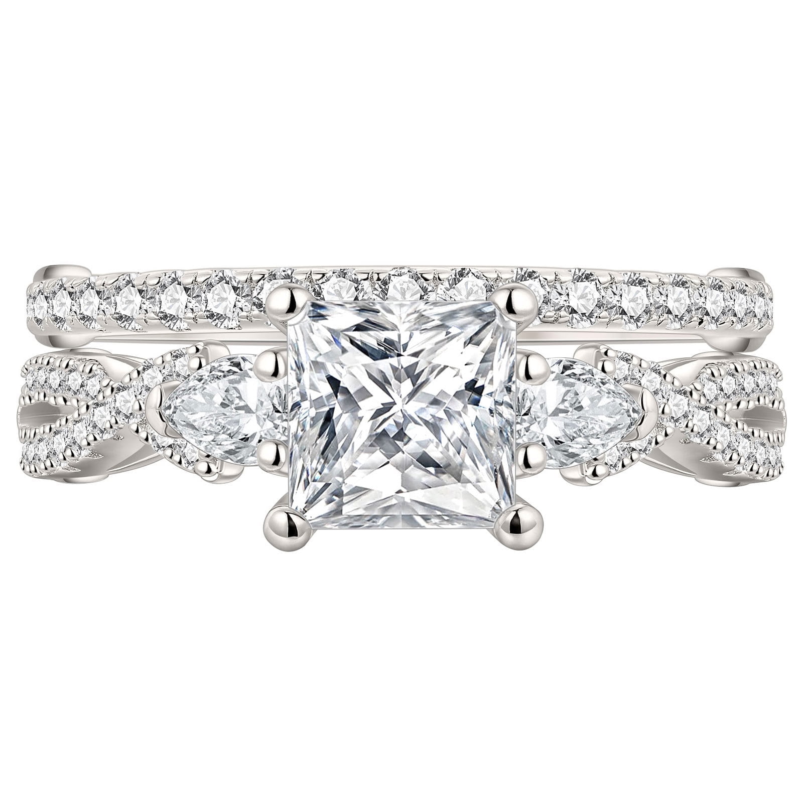 Newshe Jewellery 2 Carat Princess Moissanite Wedding Rings for Women Twisted Band VVS1 D Color Serling Silver Size 9