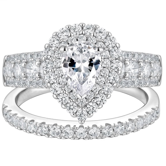 Newshe Jewellery 2 Ct Moissanite Bridal Ring Sets Double Halo Pear Cut Engagement Promise Rings for Women Size 7