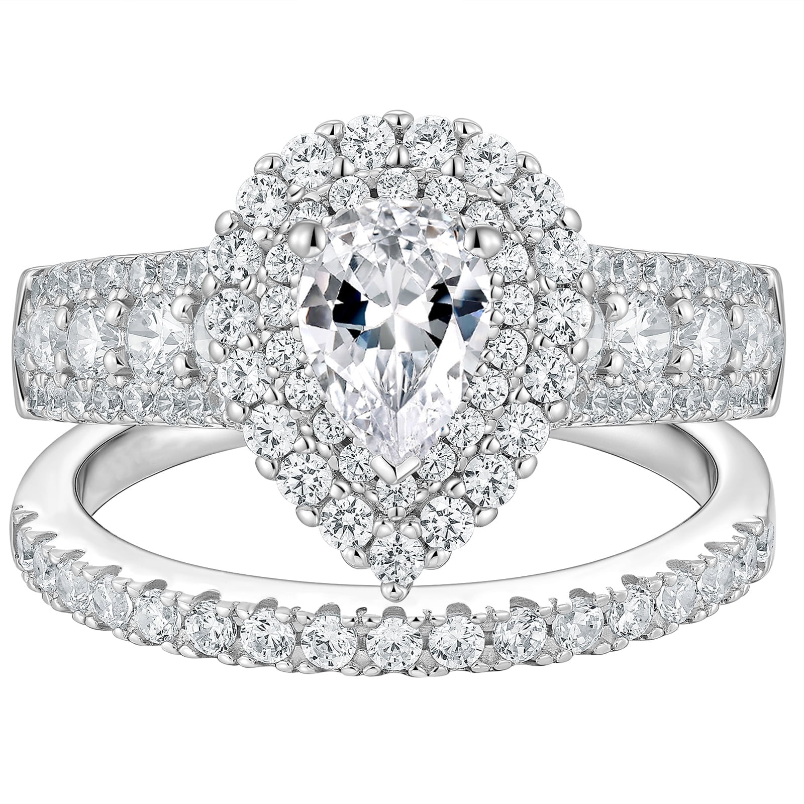 Newshe Jewellery 2 Ct Moissanite Bridal Ring Sets Double Halo Pear Cut Engagement Promise Rings for Women Size 8