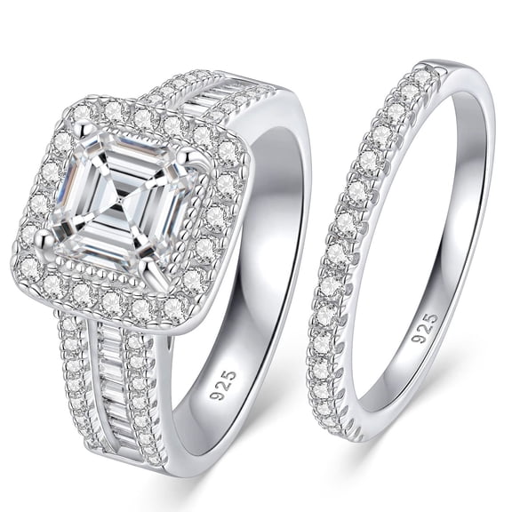 Newshe Jewellery 3.5 Ct Moissanite Wedding Rings for Women VVS1 D Color Asscher Round Cut Halo 925 Sterling Silver Rings Size 7