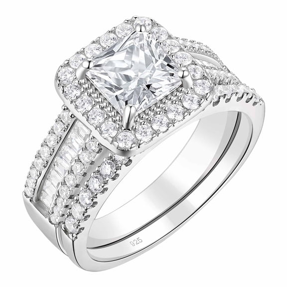 Newshe Jewellery 3.5CT Bridal Ring Sets Princess Cut 925 Sterling Silver AAAAA CZ Engagement Rings Promise Rings for Her Wedding Bands for Women Size 7.5