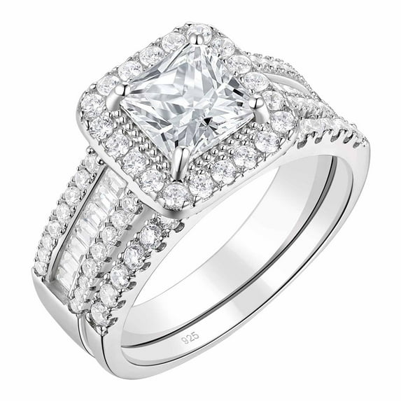 Newshe Jewellery 3.5CT Bridal Ring Sets Princess Cut 925 Sterling Silver AAAAA CZ Engagement Rings Promise Rings for Her Wedding Bands for Women Size 8.5