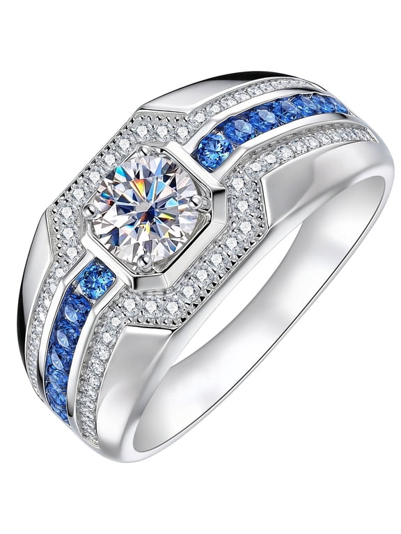 D Color VVS1 Moissanite Men Rings Round Blue Sapphire Wedding Bands for Man 18k White Gold Plated Size 8