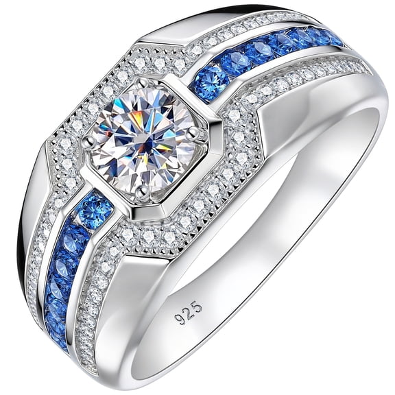 Newshe Jewellery D Color VVS1 Moissanite Men Rings 925 Sterling Silver Wedding Bands for Man Round Blue Sapphire Size 8
