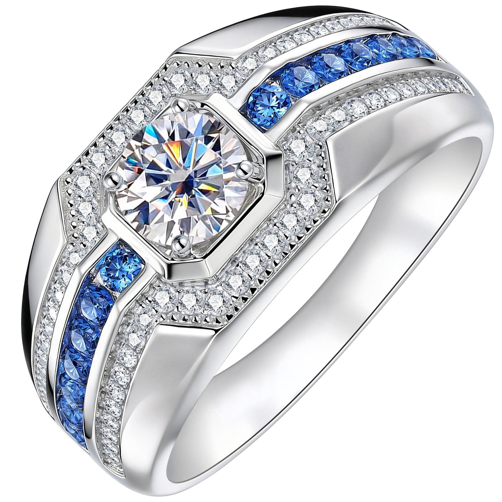 Newshe Jewellery D Color VVS1 Moissanite Men Rings Round Blue Sapphire Newshe Jewellery D Color VVS1 Moissanite Men Rings Round Blue Sapphire