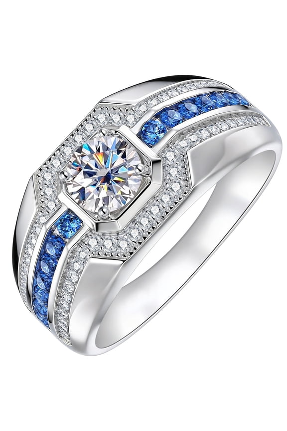 D Color VVS1 Moissanite Men Rings Round Blue Sapphire Wedding Bands for Man White Gold Plated Size 9