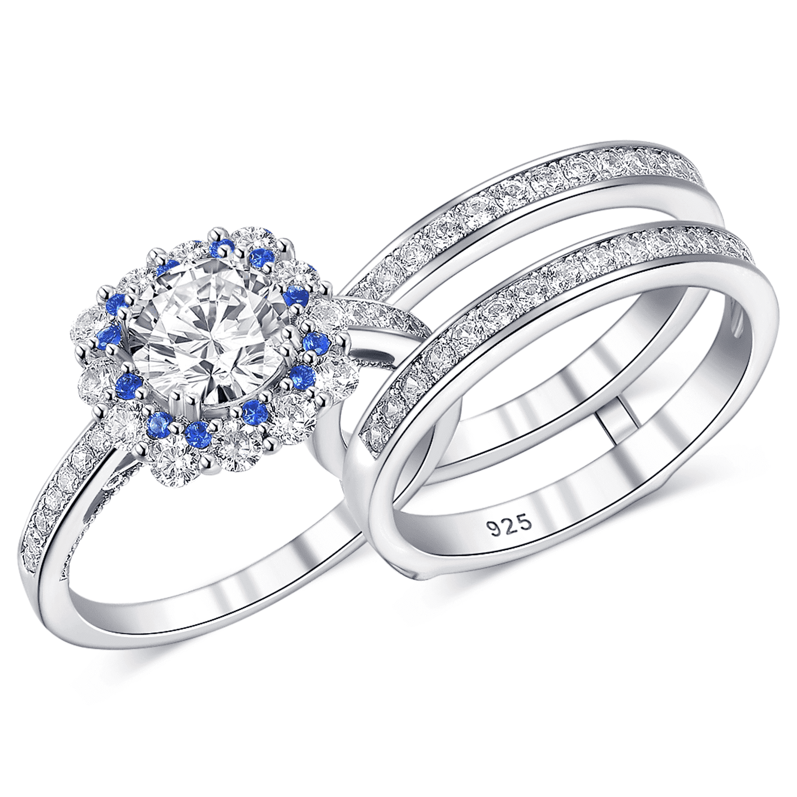 Newshe Jewellery Engagement Wedding Ring Set 925 Sterling Silver Ring Enhancer Round Blue Sapphire Gemstone Size 5