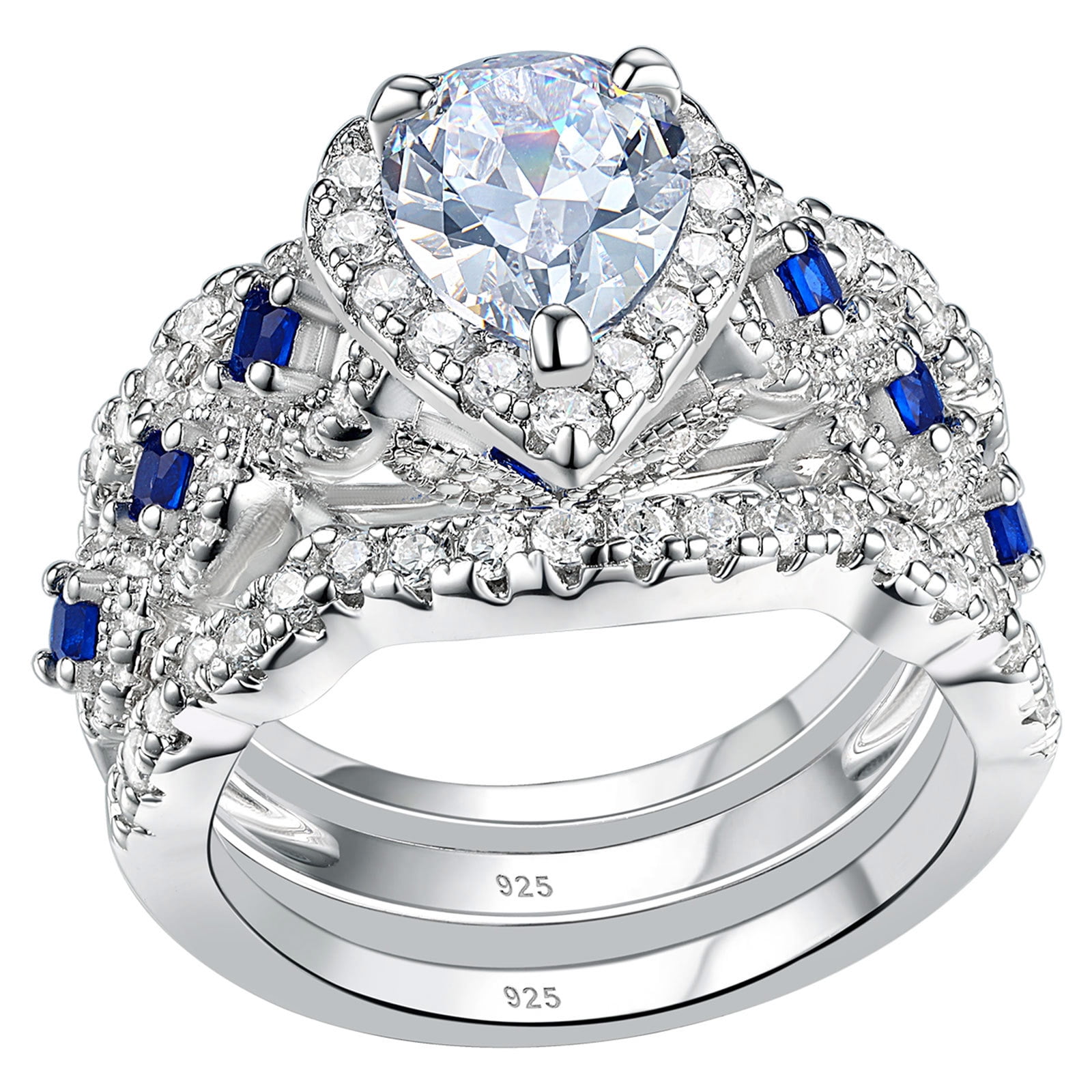 Newshe Jewellery Engagement Wedding Ring Set Rings For Women 925 Sterling Silver 3pcs 2.5ct Pear White Cz Blue Size 75