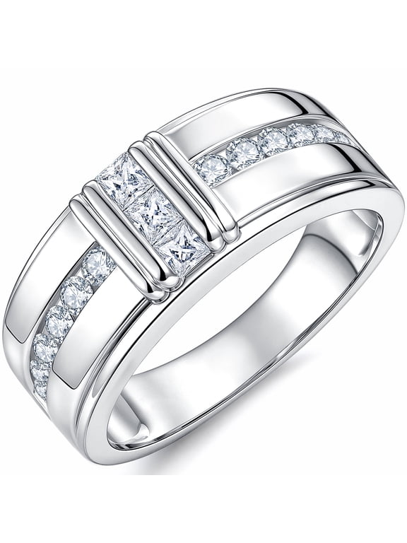 Moissanite Men Rings D Color VVS1 Princess Round Cross Wedding Bands for Men White Gold Plated Size 10