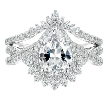 Newshe Jewellery Pear Cut Wedding Ring Set with Curved Band Wedding Rings for Women Sterling Silver AAAAA Cz Size 5