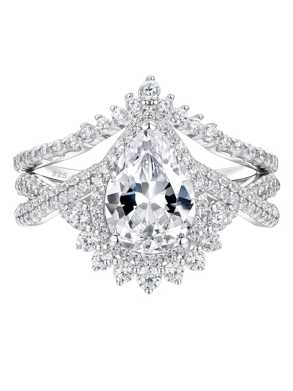 Pear Cut Wedding Ring Set with Curved Band Wedding Rings for Women Sterling Silver AAAAA Cz Size 8
