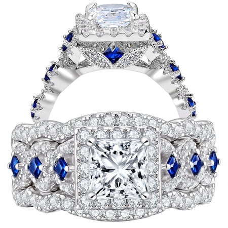 Newshe Jewellery 3.5 Ct Moissanite Engagement Rings for Women 925 Sterling Silver Princess Bridal Ring Sets Blue Sapphire Size 6