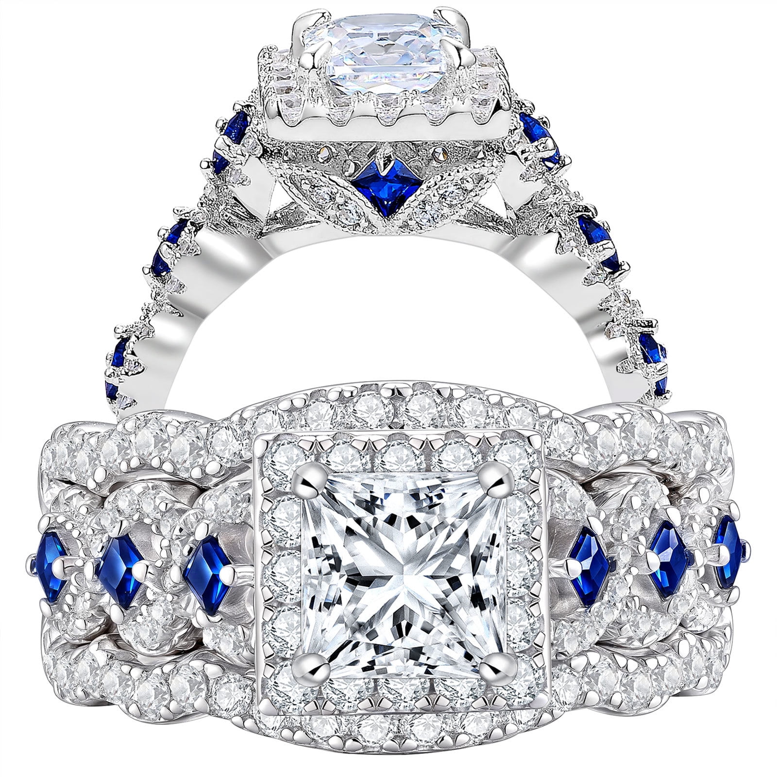 Newshe Jewellery 3.5 Ct Moissanite Engagement Rings for Women 925 Sterling Silver Princess Bridal Ring Sets Blue Sapphire Size 7