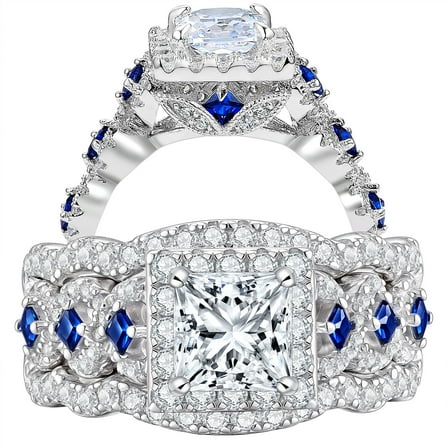 Newshe Jewellery 3.5 Ct Moissanite Engagement Rings for Women 925 Sterling Silver Princess Bridal Ring Sets Blue Sapphire Size 7