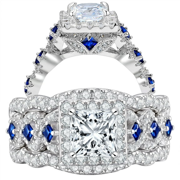 Newshe Jewellery 3.5 Ct Moissanite Engagement Rings for Women 925 Sterling Silver Princess Bridal Ring Sets Blue Sapphire Size 9