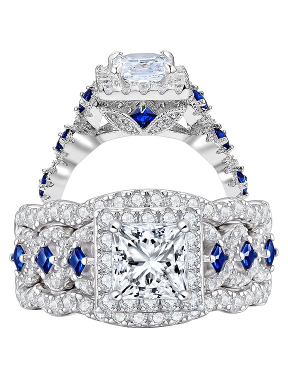3.5 Ct Moissanite Engagement Rings for Women 925 Sterling Silver Princess Bridal Ring Sets Blue Sapphire Size 9