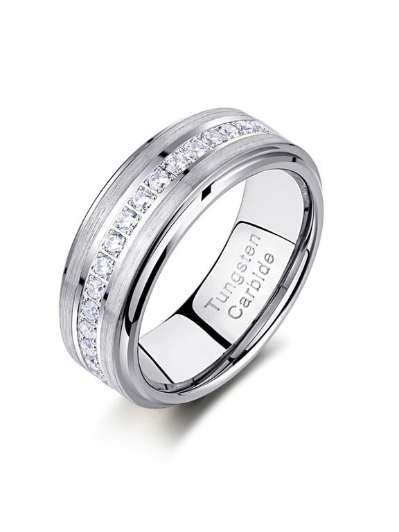 Tungsten Wedding Bands for Him Rings for Men Men Rings Cubic Zirconia 8mm Matte Brushed Size 10