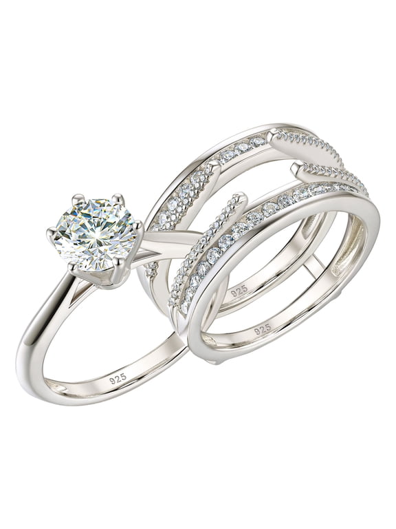 Wedding Engagement Ring for Women 2CT AAAAA CZ Bridal Sets Wedding Band Ring Enhancer Round Cut 925 Sterling Silver Size 7