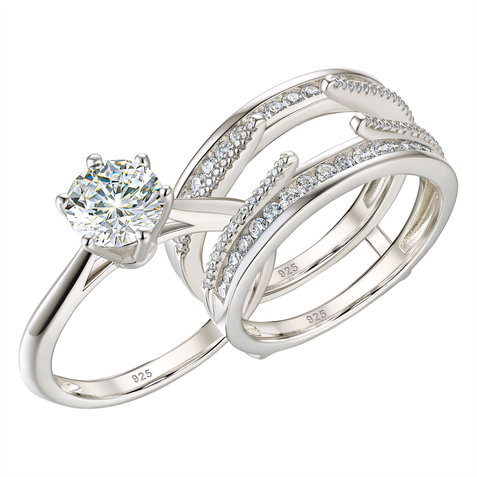 Newshe Jewellery Wedding Engagement Ring for Women 2CT AAAAA CZ Bridal Sets Wedding Band Ring Enhancer Round Cut 925 Sterling Silver Size 8