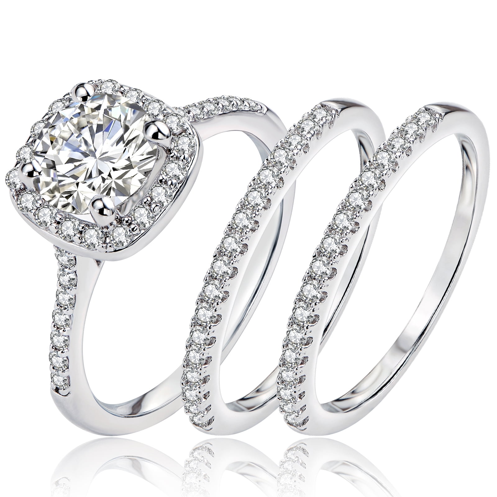 Newshe Jewellery 2Ct Halo Wedding Ring Set For Woman Engagement Rings Round AAAAA Cz 3pcs Size 5