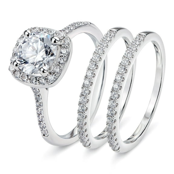 Newshe Jewellery Wedding Ring Set For Woman Silver Engagement Rings Halo Cz Round 5A Size 7