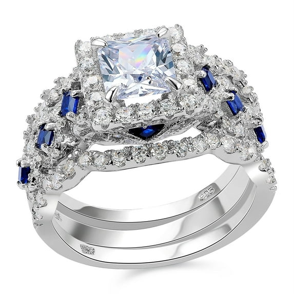 Newshe Jewellery Wedding Ring Set For Women 925 Sterling Silver Engagement 2.5ct Princess White 3pcs Cz Blue Size 10.5