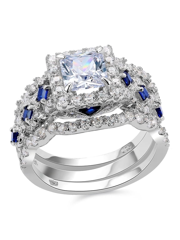Wedding Ring Set For Women 925 Sterling Silver Engagement 2.5ct Princess White 3pcs Cz Blue Size 11