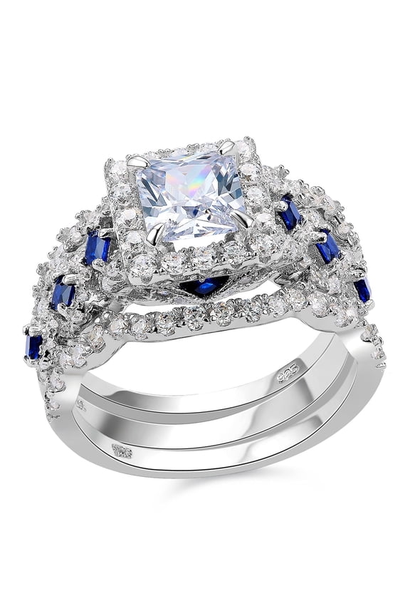 Wedding Ring Set For Women 925 Sterling Silver Engagement 2.5ct Princess White 3pcs Cz Blue Size 7