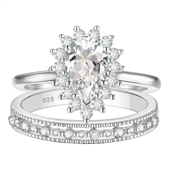 Newshe Jewellery Wedding Ring Set Wedding Band Engagement Ring Set for Women 925 Sterling Silver 2Ct Pear AAAAA Cz Size 10