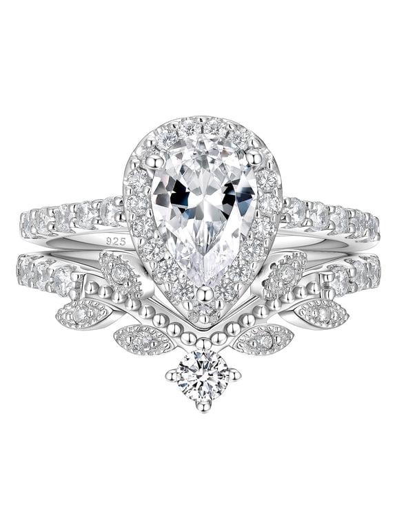 Wedding Ring Set for Women Vintage 925 Sterling Silver Pear Shaped Cz Bridal Set Size 7