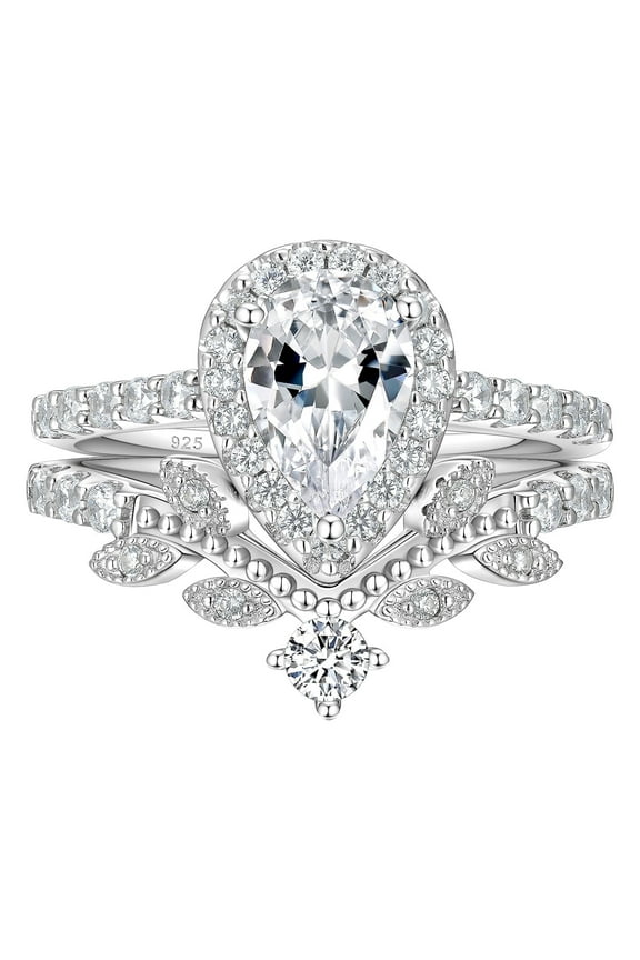 Wedding Ring Set for Women Vintage 925 Sterling Silver Pear Shaped Cz Bridal Set Size 7