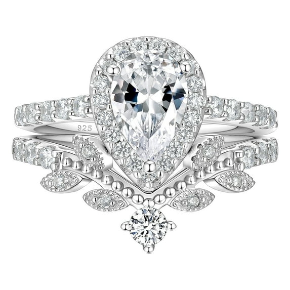 Newshe Jewellery Wedding Ring Set for Women Vintage 925 Sterling Silver Pear Shaped Cz Bridal Set Size 8.5