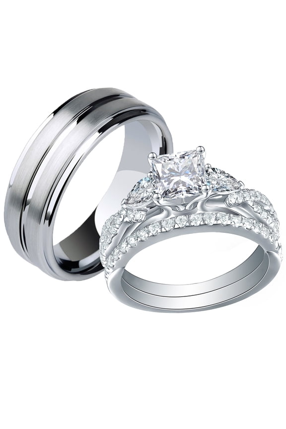Wedding Rings Set for Him and Her AAAAA Cz Women Mens Tungsten Wedding Bands Promise Couples Rings Size 11&7