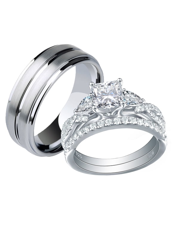 Wedding Rings Set for Him and Her AAAAA Cz Women Mens Tungsten Wedding Bands Promise Couples Rings 8&10