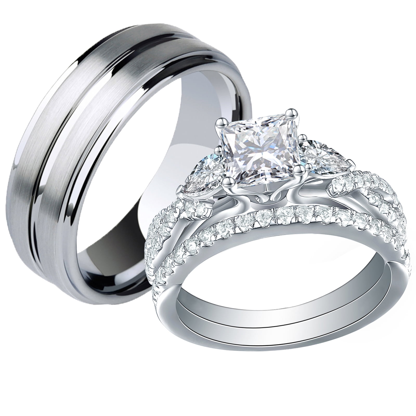 Newshe Jewellery Wedding Rings Set for Him and Her AAAAA Cz Women Mens Tungsten Wedding Bands Promise Couples Rings Size 8&6