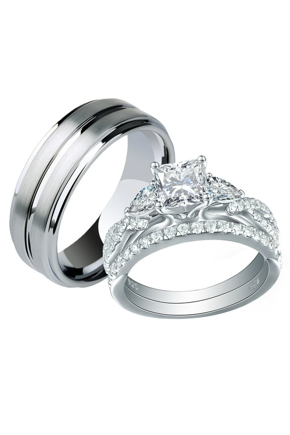 Wedding Rings Set for Him and Her AAAAA Cz Women Mens Tungsten Bands 925 Sterling Silver Couples Size 9&8