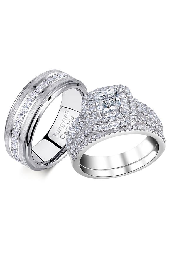 Newshe Wedding Rings Set for Him and Her Tungsten Bands AAAAA Cz Princess Cross 2.3Ct Bridal Sets Women Mens Size 10&9