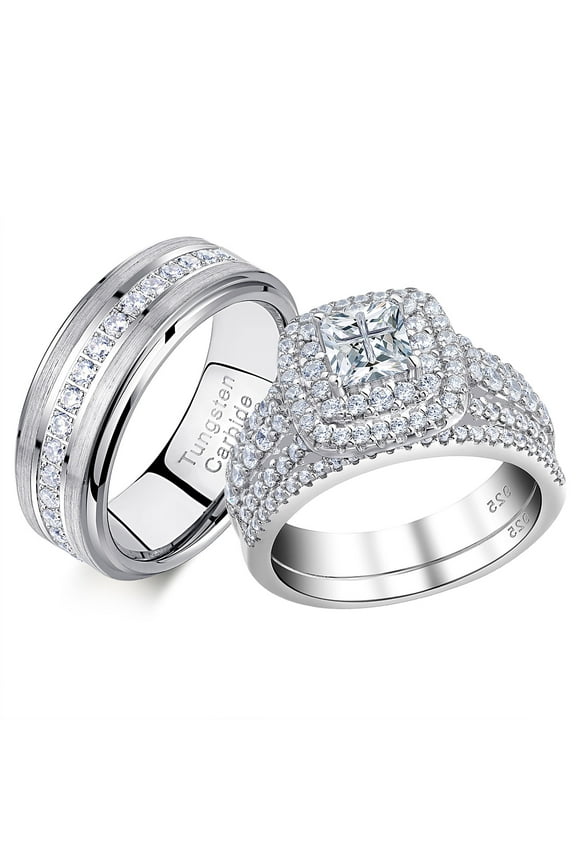 Wedding Rings Set for Him and Her Women Mens Tungsten Bands AAAAA Cz Princess Cross 2.3Ct 925 Sterling Silver Size 7&7