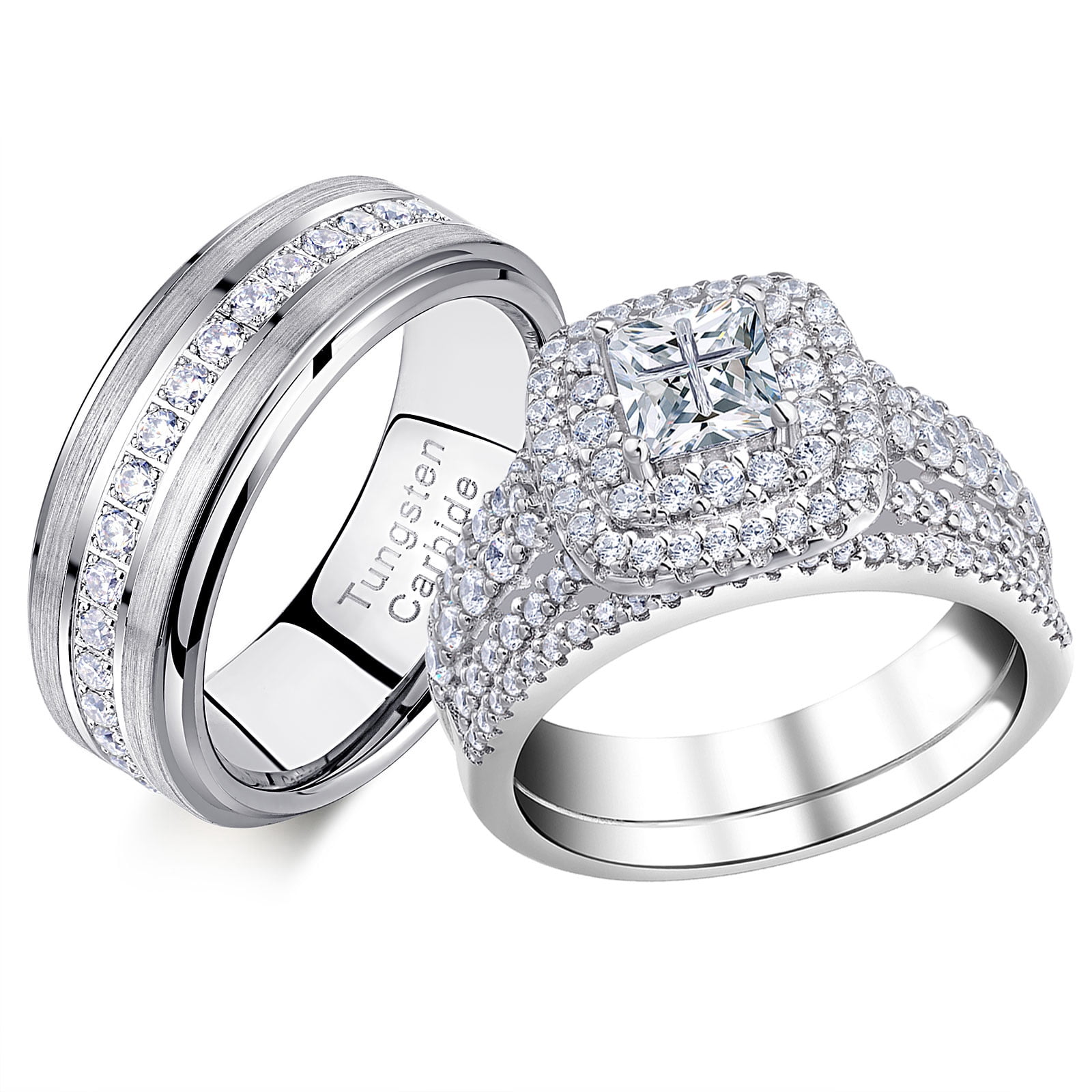 Newshe Wedding Rings Set for Him and Her Tungsten Bands AAAAA Cz Princess Cross 2.3Ct Bridal Sets Women Mens Size 9&7