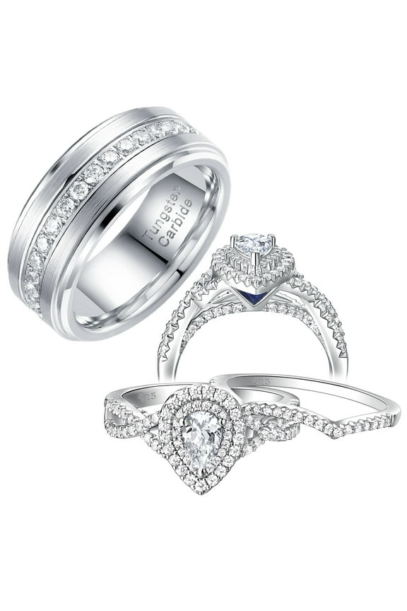Wedding Rings Set for His and Her Women Mens Tungsten Wedding Bands Pear 925 Sterling Silver Cz Size 8&6