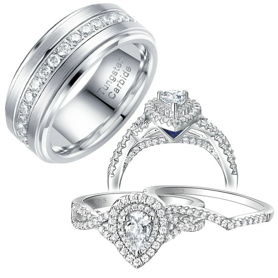Newshe Jewellery Wedding Rings Set for His and Her Women Mens Tungsten Wedding Bands Pear 925 Sterling Silver Cz Size 9&5