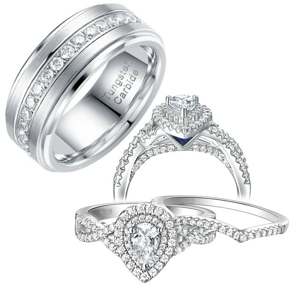 Newshe Jewellery Wedding Rings Set for His and Her Women Mens Tungsten Wedding Bands Pear 925 Sterling Silver Cz Size 9&7