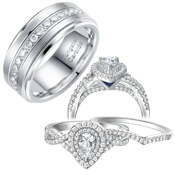 Wedding Rings Set for His and Her Women Mens Tungsten Wedding Bands Pear 925 Sterling Silver Cz Size 9&7