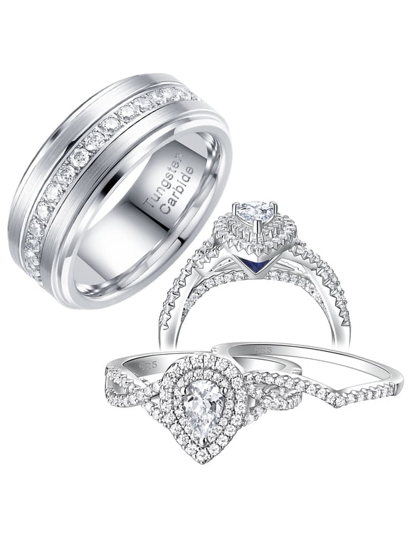 Wedding Rings Set for His and Her Women Mens Tungsten Wedding Bands Pear 925 Sterling Silver Cz Size 9&7