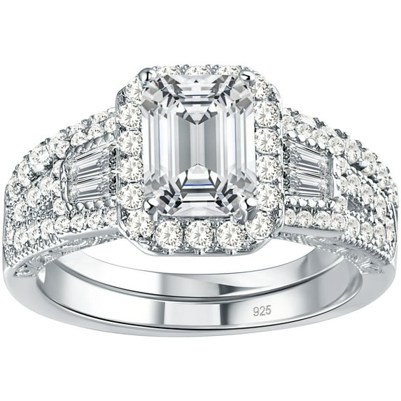 Newshe Jewellery Wedding Rings for Her AAAAA Cz Women's Bridal Sets 925 Sterling Silver Emerald Cut Engagement Ring Size 9