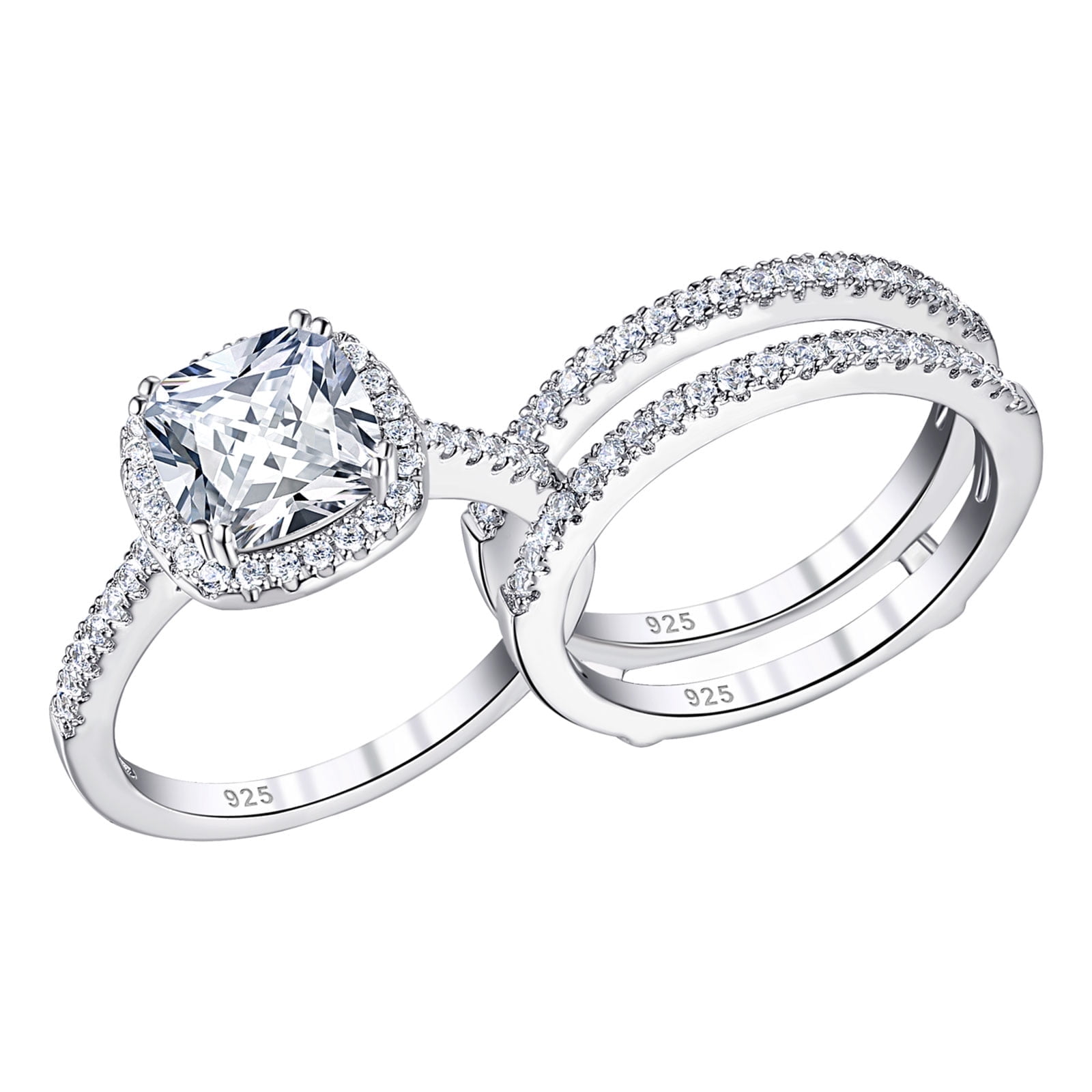 Newshe Jewellery Wedding Rings for Women 925 Sterling Silver 2.66CT Cushion Halo CZ Bridal Ring Enhancer For Her Size 7.5
