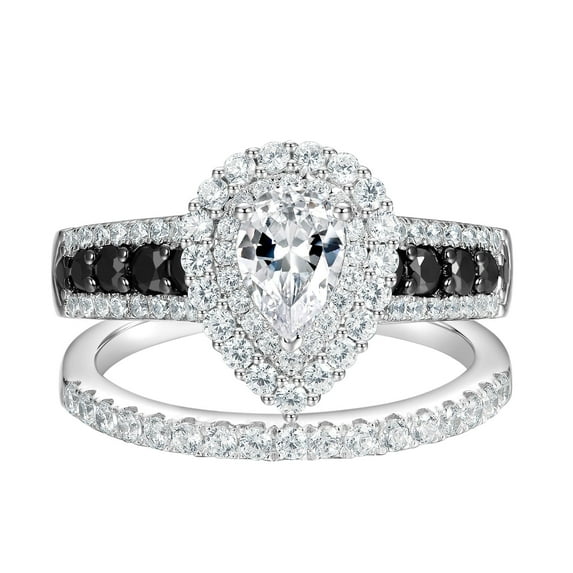 Newshe Jewellery Wedding Rings for Women AAAAA Wedding Rings Set Black and White 925 Sterling Silver Pear Cz Size 8